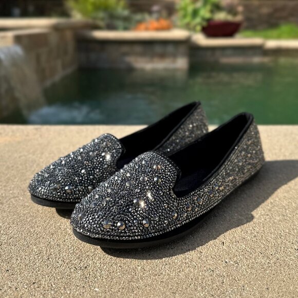 New Pewter Rhinestone Crystal Embellished Loafers Ballet Flat Ballerina Shoes - Picture 1 of 6